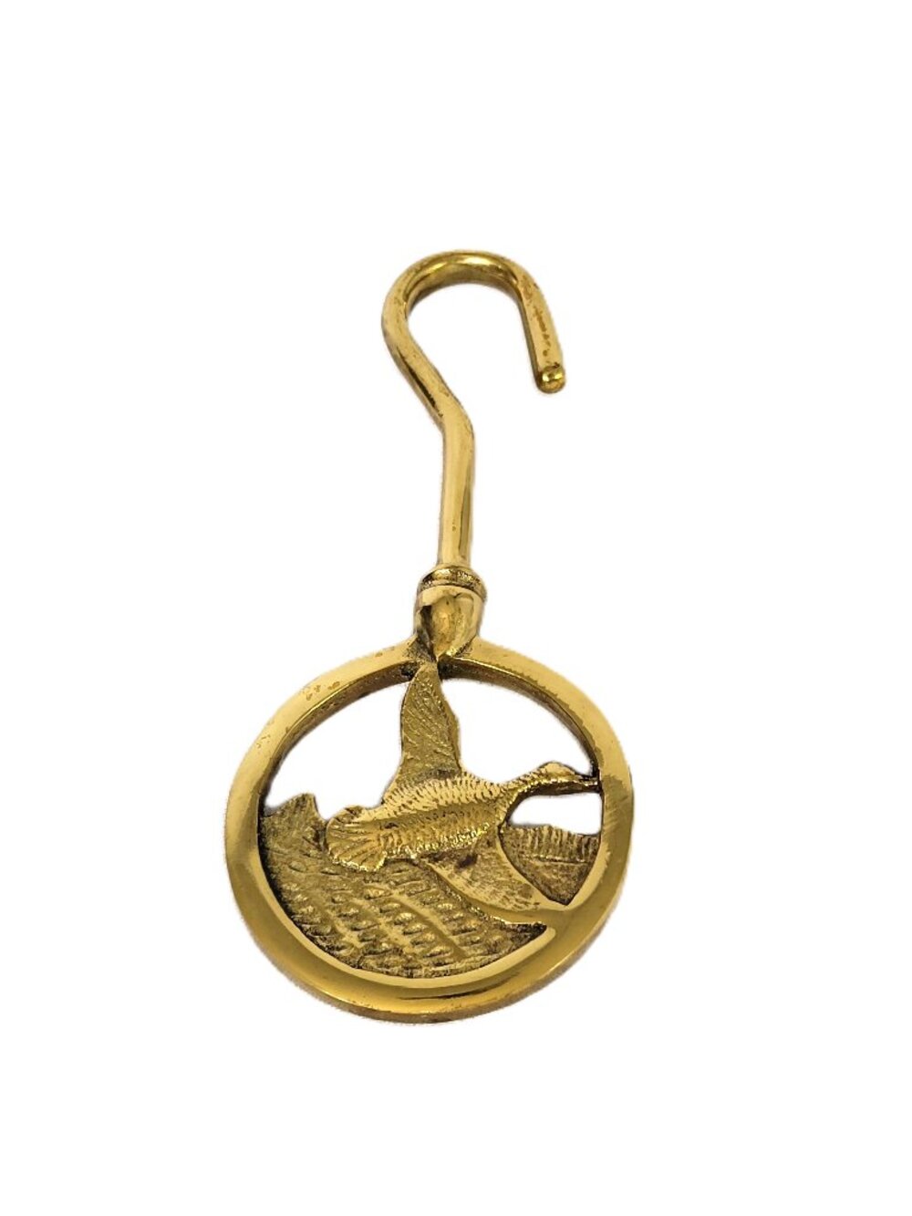 Vtg Solid Brass Fireplace Damper Pull Hook Flying Mallard Duck 8" Hanger